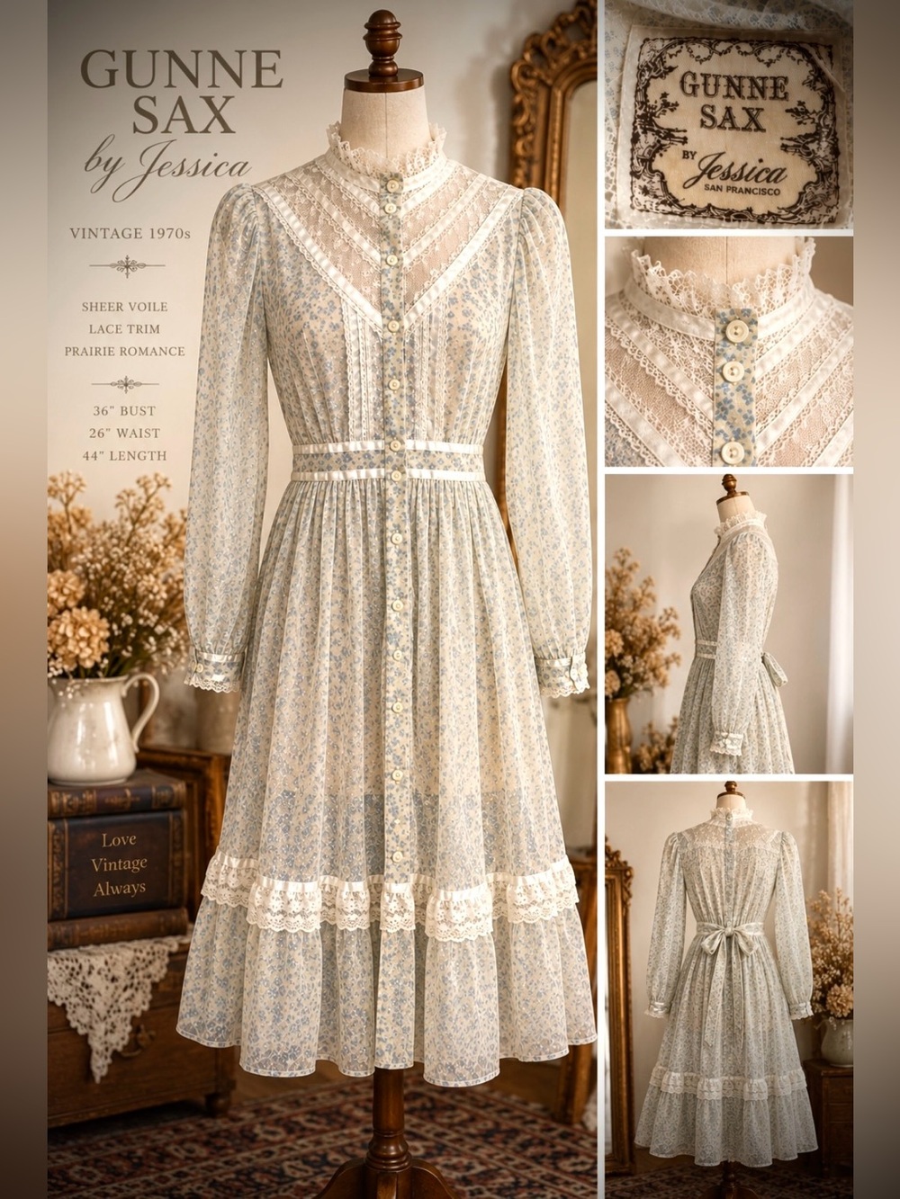 Gunne Sax - vintage 70s - Sheer -Cream & blue calico Prairie Dress -36” bust